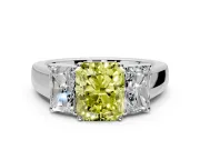 3 Stone Engagement Ring Setting for Fancy Yellow Radiant Cut Center with Raised Basket Heads and Prong Head in Platinum