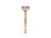 Hidden Halo Engagement Ring Setting for Fancy Pink Radiant Cut Center with Pave Band and Prong Head in Rose Gold