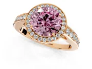 Bezel-Framed Halo Engagement Ring Setting for Fancy Pink Round Cut Center with Pave Band and Prong Head in Rose Gold