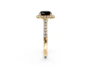 Halo Engagement Ring Setting for Fancy Black Cushion Cut Center with Narrowing Pave Band and Prong Head in Yellow Gold