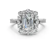 Milgrain Halo Engagement Ring Setting for Emerald Cut Center with Bezel Point Accents and Prong Head in Sterling Silver