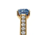 Solitaire Engagement Ring Setting for Fancy Blue Cushion Cut Center with Engraved Pave Band and Prong Head in Yellow Gold