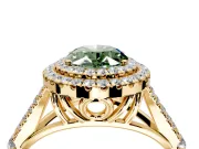 Double Halo Engagement Ring Setting for Fancy Green Oval Center with Narrow Pave Split Shank and Prong Head in Yellow Gold