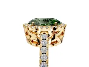 Accent Halo Engagement Ring Setting for Fancy Green Oval Center with Full-Length Pave Band and Prong Head in Yellow Gold