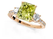 3 Stone Engagement Ring Setting for Fancy Yellow Radiant Cut Center with Round Cut Side Accents and Prong Head in Rose Gold