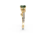 Leaf Motif Engagement Ring Setting for Fancy Green Cushion Cut Center with Pave Band and Prong Head in Yellow Gold