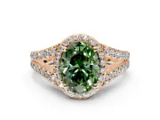 Halo Engagement Ring Setting for Fancy Green Oval Center with Narrow Pave Split Shank and Prong Head in Rose Gold