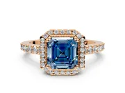 Halo Engagement Ring Setting for Fancy Blue Asscher Cut Center with Inner Milgrain Border and Prong Head in Rose Gold
