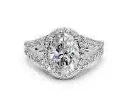 Halo Engagement Ring Setting for Oval Center with Narrow Pave Split Shank and Prong Head in Platinum