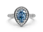 Milgrain Halo Engagement Ring Setting for Fancy Blue Pear-Shaped Center with Three-Sided Pave Band and Prong Head in Sterling Silver