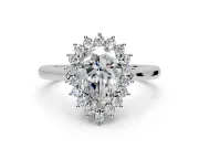 Starburst Halo Engagement Ring Setting for Pear-Shaped Center with Thin Round-Wire Band and Prong Head in White Gold