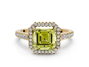Halo Engagement Ring Setting for Fancy Yellow Asscher Cut Center with Narrowing Pave Band and Prong Head in Yellow Gold