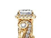 Bypass Halo Engagement Ring Setting for Princess Cut Center with Bezel Accents, Milgrain and Prong Head in Yellow Gold