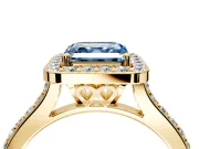 Halo Engagement Ring Setting for Fancy Blue Asscher Cut Center with Pave Accents, Heart Basket and Prong Head in Yellow Gold