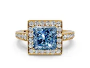 Bezel-Framed Halo Engagement Ring Setting for Fancy Blue Princess Cut Center with Pave Band and Prong Head in Yellow Gold