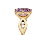 Solitaire Engagement Ring Setting for Fancy Pink Emerald Cut Center with Accented Twist Band and Leaf Prong Head in Yellow Gold