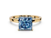 Solitaire Engagement Ring Setting for Fancy Blue Princess Cut Center with Thin Rounded Plain Band and Prong Head in Yellow Gold