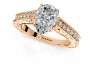 Solitaire Engagement Ring Setting for Pear-Shaped Center with Engraved Pave Band and Prong Head in Rose Gold