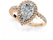 Accent Halo Engagement Ring Setting for Pear-Shaped Center with Full-Length Pave Band and Prong Head in Rose Gold