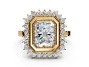 Halo Engagement Ring Setting for Radiant Cut Center with Milgrain Bezel Rim, Plain Band and Prong Head in Yellow Gold