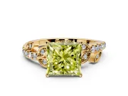 Leaf Motif Engagement Ring Setting for Fancy Yellow Princess Cut Center with Pave Band and Prong Head in Yellow Gold