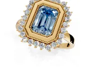 Halo Engagement Ring Setting for Fancy Blue Emerald Cut Center with Milgrain Bezel Rim, Plain Band and Prong Head in Yellow Gold