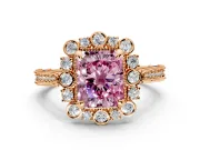 Milgrain Halo Engagement Ring Setting for Fancy Pink Radiant Cut Center with Bezel Point Accents and Prong Head in Rose Gold