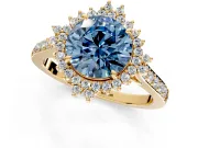 Sunburst Halo Engagement Ring Setting for Fancy Blue Round Cut Center with Pave Band and Prong Head in Yellow Gold