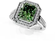 Halo Engagement Ring Setting for Fancy Green Radiant Cut Center with Outer Bezel Rim, Pave Band and Prong Head in Platinum
