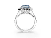 Double Halo Engagement Ring Setting for Fancy Blue Asscher Cut Center with Narrow Pave Split Shank and Prong Head in Platinum