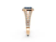 Halo Engagement Ring Setting for Fancy Blue Emerald Cut Center with Narrow Pave Split Shank and Prong Head in Rose Gold