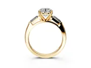 3 Stone Engagement Ring Setting for Round Cut Center with Tapered Baguettes, Plain Band and Prong Head in Yellow Gold