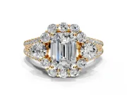 Halo Engagement Ring Setting for Emerald Cut Center with Two-Strand Split Shank and Prong Head in Yellow Gold