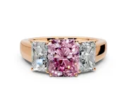 3 Stone Engagement Ring Setting for Fancy Pink Radiant Cut Center with Raised Basket Heads and Prong Head in Rose Gold