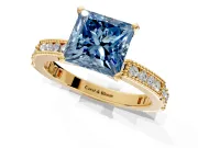 Solitaire Engagement Ring Setting for Fancy Blue Princess Cut Center with Milgrain-Edged Pave Band and Prong Head in Yellow Gold