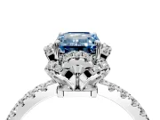 Halo Engagement Ring Setting for Fancy Blue Emerald Cut Center with Openwork Halo, Pave Band and Prong Head in Platinum