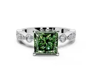 Solitaire Engagement Ring Setting for Fancy Green Princess Cut Center with Milgrain Bezel Accents and Prong Head in White Gold