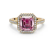 Halo Engagement Ring Setting for Fancy Pink Asscher Cut Center with Narrowing Pave Band and Prong Head in Yellow Gold