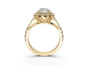 Double Halo Engagement Ring Setting for Cushion Cut Center with Narrow Pave Split Shank and Prong Head in Yellow Gold
