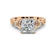 Solitaire Engagement Ring Setting for Princess Cut Center with Filigree Band and Prong Head in Rose Gold