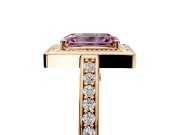 Halo Engagement Ring Setting for Fancy Pink Emerald Cut Center with Framed Halo, Pave Band and Prong Head in Rose Gold