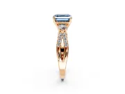 3 Stone Engagement Ring Setting for Fancy Blue Asscher Cut Center with Pave Split Shank and Prong Head in Rose Gold