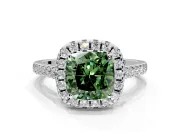 Halo Engagement Ring Setting for Fancy Green Cushion Cut Center with Raised Halo, Pave Band and Prong Head in Sterling Silver