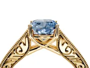 Solitaire Engagement Ring Setting for Fancy Blue Cushion Cut Center with Engraved Pave Band and Prong Head in Yellow Gold