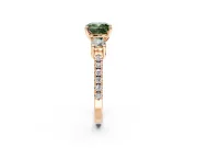 3 Stone Engagement Ring Setting for Fancy Green Cushion Cut Center with Round Cut Side Accents and Prong Head in Rose Gold