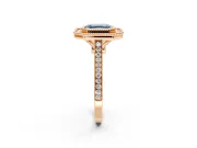 Halo Engagement Ring Setting for Fancy Blue Asscher Cut Center with Milgrain Frame, Pave Band and Prong Head in Rose Gold