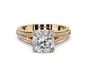 Solitaire Engagement Ring Setting for Cushion Cut Center with Pave Rail Split Shank and Prong Head in Yellow Gold