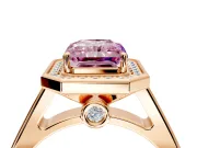 Halo Engagement Ring Setting for Fancy Pink Emerald Cut Center with Outer Bezel Rim, Pave Band and Prong Head in Rose Gold