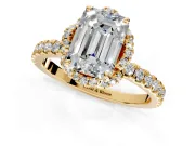 Halo Engagement Ring Setting for Emerald Cut Center with Openwork Halo, Pave Band and Prong Head in Yellow Gold