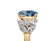 Leaf Cluster Engagement Ring Setting for Fancy Blue Oval Center with Marquise Accents and Prong Head in Yellow Gold